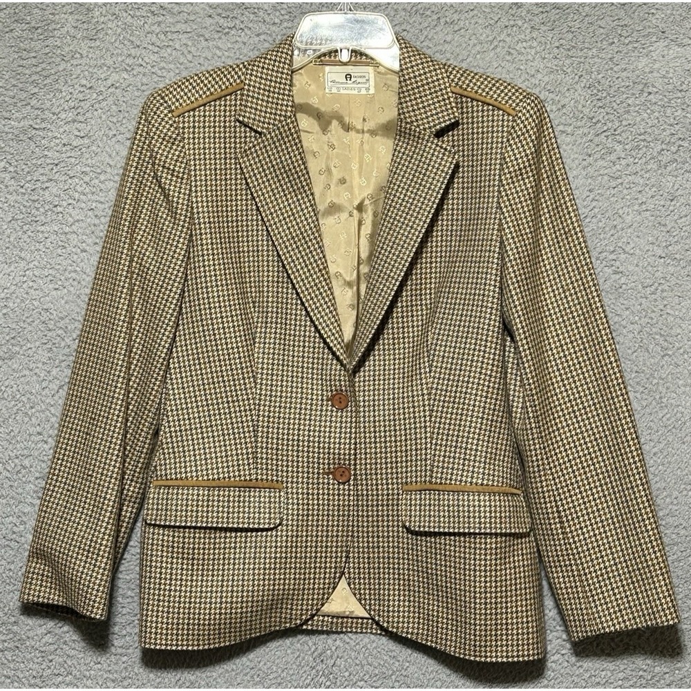 Ettienne Aigner Vintage Womens L Houndstooth Blazer Jacket 2 Button Lined Piping